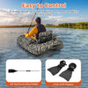 Inflatable float tube in camouflage with adjustable rod holder, 49" aluminum paddle, and storage pockets for fishing.