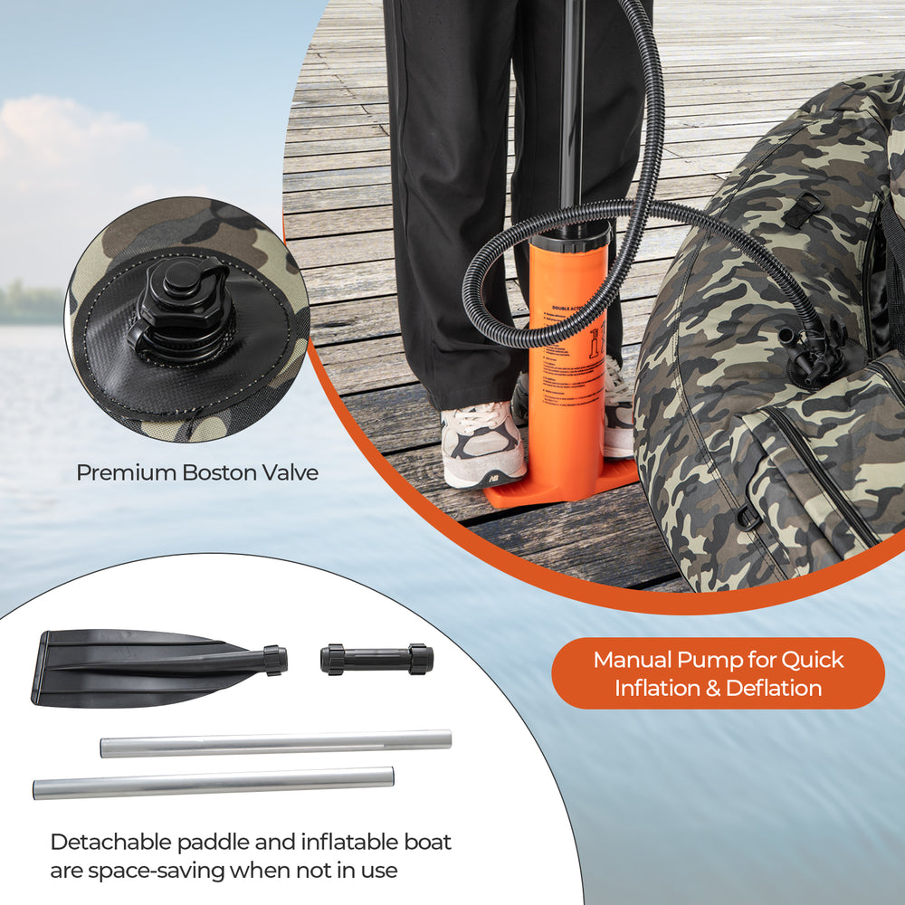 Inflatable float tube in camouflage with manual pump, fish ruler, and storage pockets for fishing convenience.