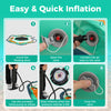 Inflatable floating dock with hand pump for quick inflation, featuring detachable ladder and mesh lounge for 3 people.