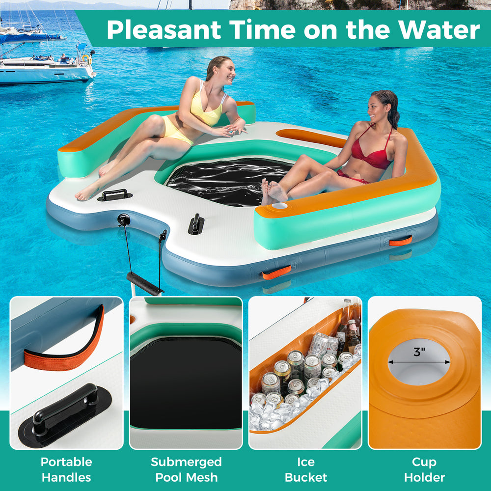 Inflatable 8.7 ft floating dock with detachable ladder, ice bucket, and cup holders for 3-person lounging on water.