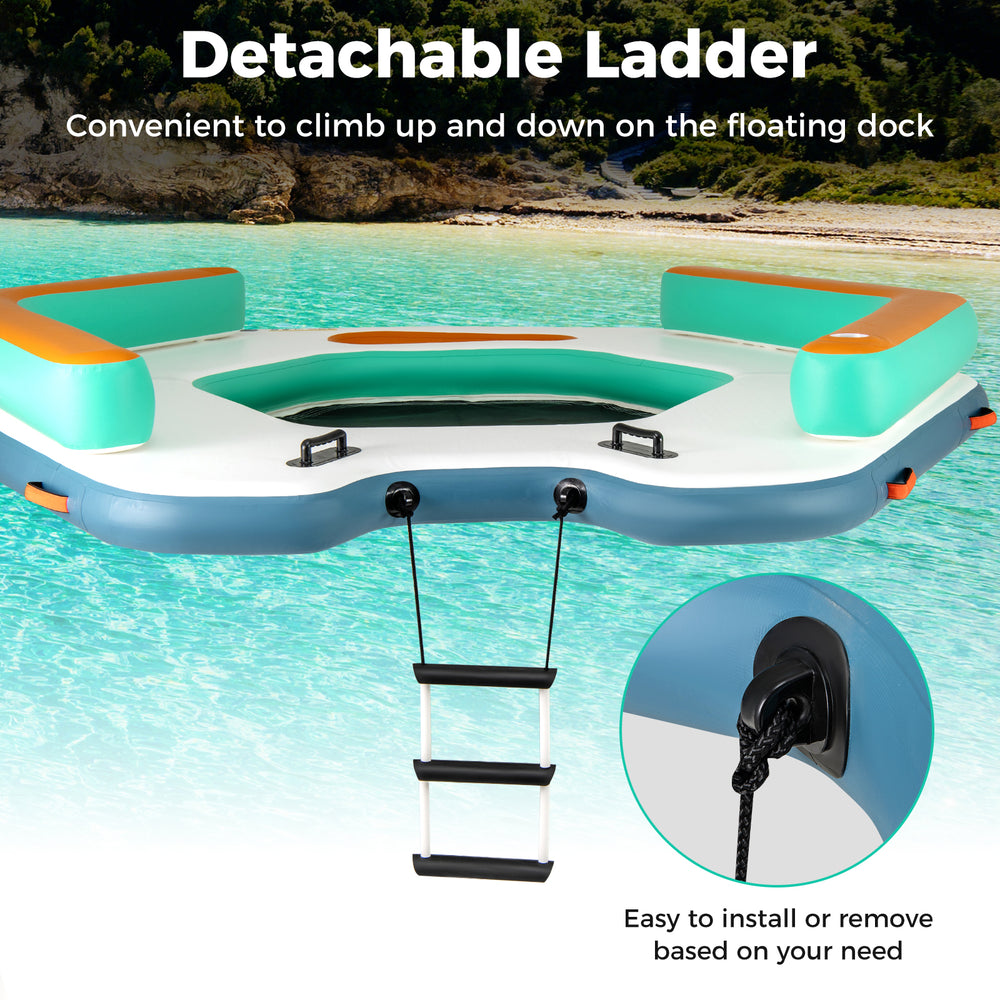 Detachable ladder on the 8.7 ft inflatable floating dock for easy access, featuring waterproof PVC and cup holders.
