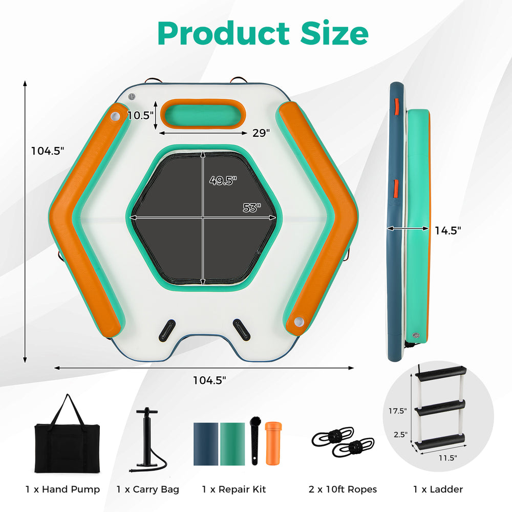 Inflatable floating dock measuring 8.7 ft, featuring a detachable ladder, cup holders, and durable waterproof material.