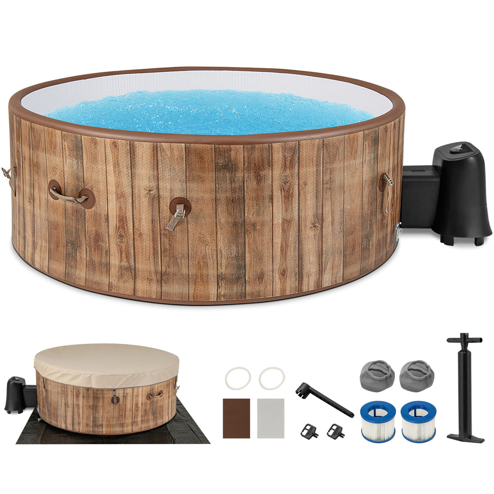 Inflatable 72-inch hot tub with wood finish, 120 air jets, and electric heater pump for 4-6 people, ideal for.