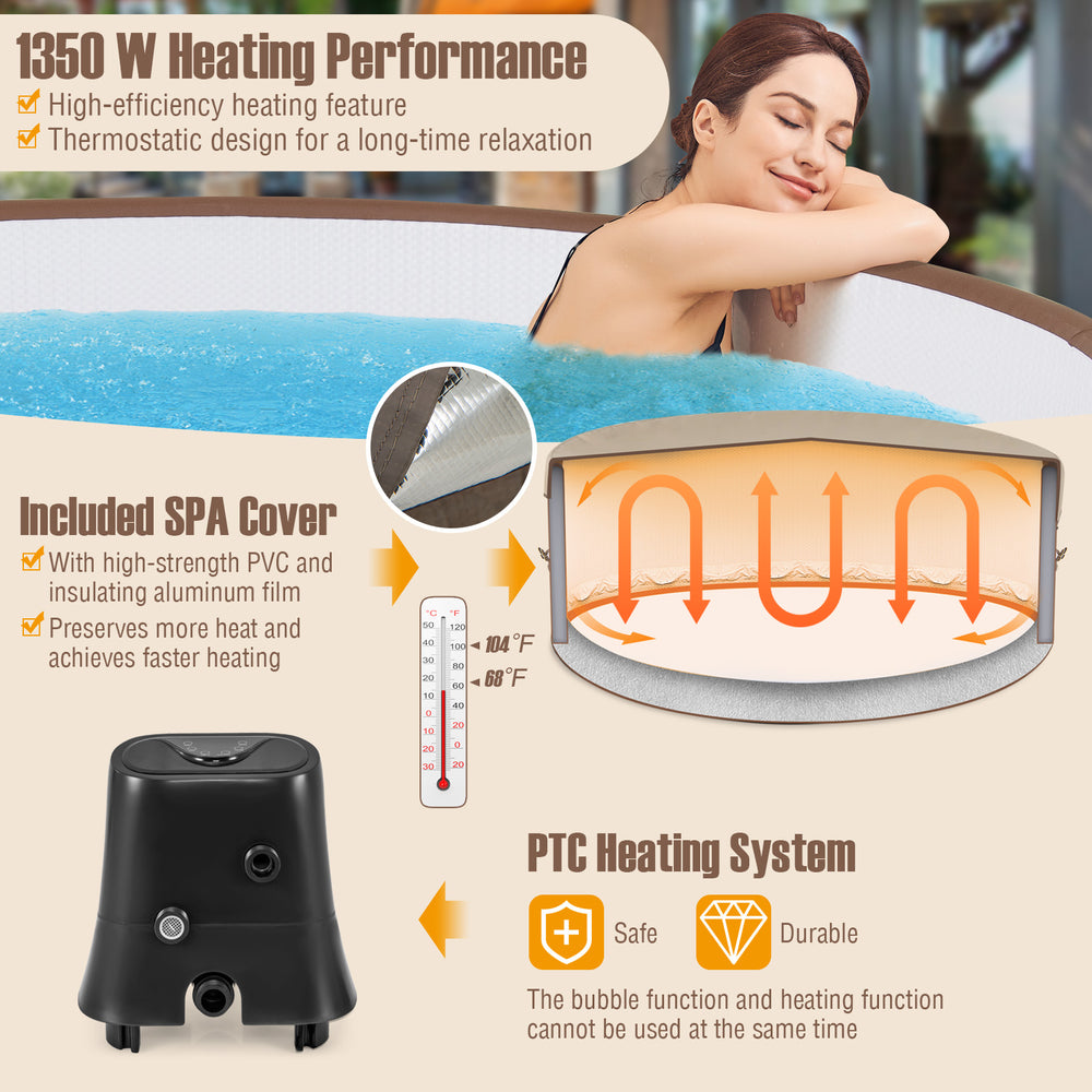72-inch inflatable hot tub with 120 air jets, coffee color, featuring a PTC heating system for up to 6 people.