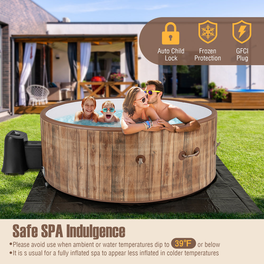 Inflatable 72-inch hot tub with 120 air jets, designed for 4-6 people, ideal for outdoor relaxation and enjoyment.
