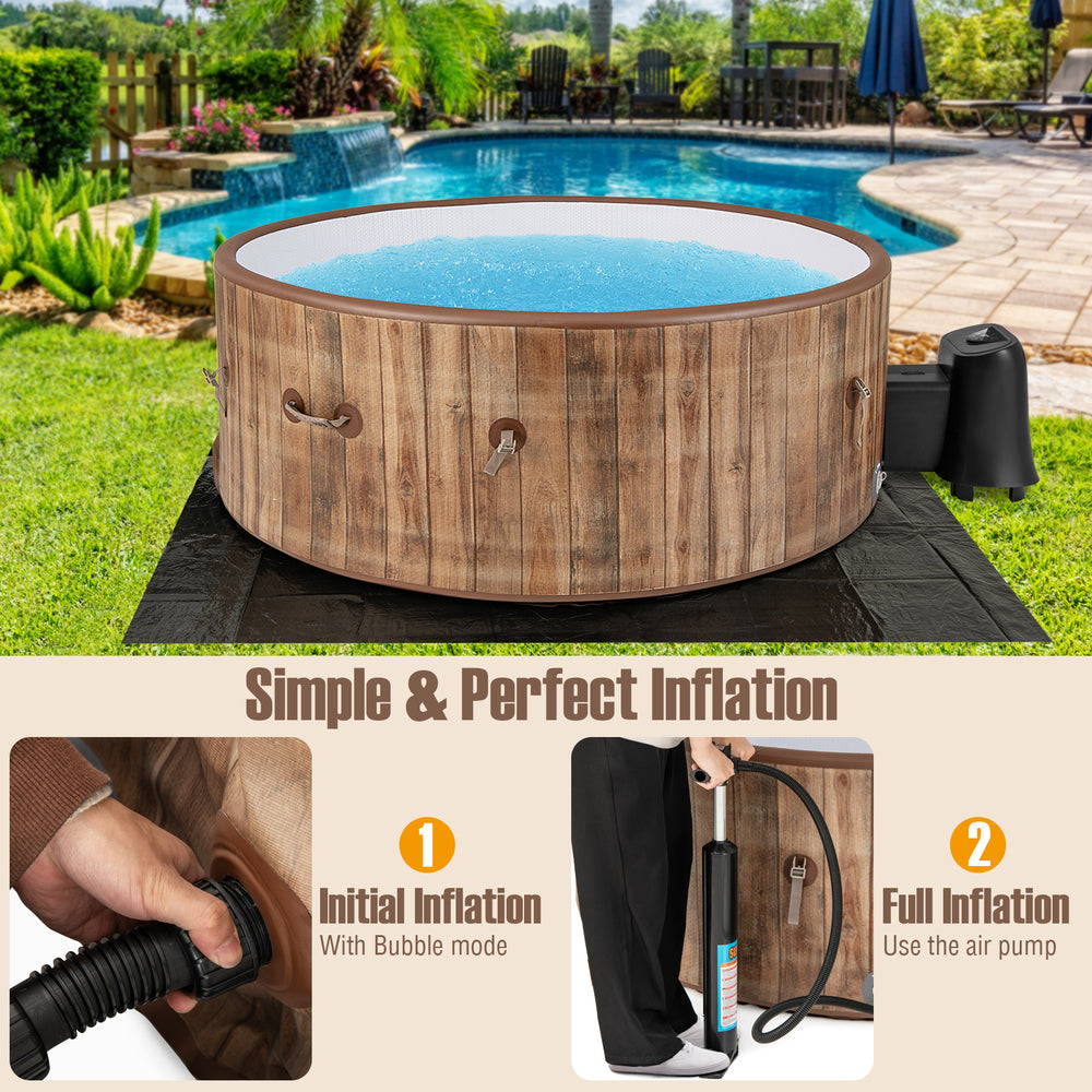 Inflatable hot tub with wood-like design, 120 air jets, and electric heater pump for 4-6 person outdoor relaxation.
