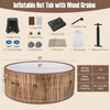 Inflatable hot tub with wood grain finish, 72 inches, for 4-6 people, featuring 120 air jets and electric heater pump.
