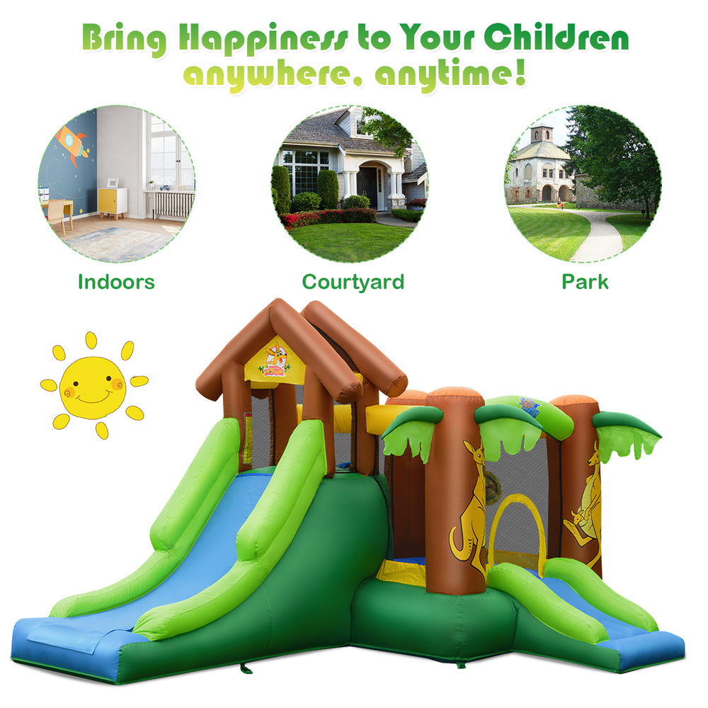 Kids inflatable jungle bounce house with slides and climbing wall, made of durable PVC fabric for indoor or outdoor fun.