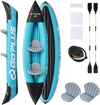 Inflatable 2-person tandem kayak in blue with aluminum paddles and comfortable seats, ideal for touring adventures.