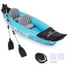 Two-person inflatable kayak in blue with aluminum paddles, designed for heavy-duty tandem touring.