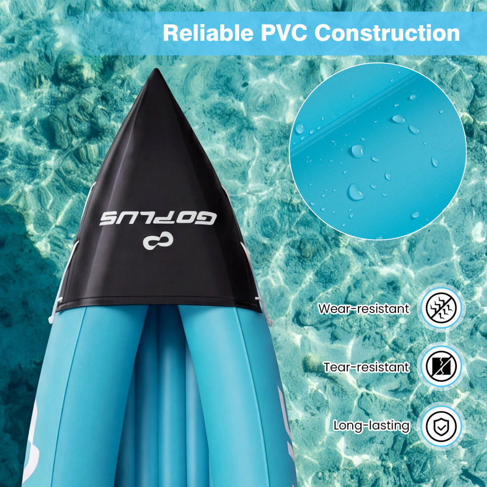 Inflatable tandem kayak in blue featuring reliable PVC construction, wear-resistant and tear-resistant for durability.