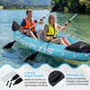 Two people paddling the blue inflatable kayak, featuring heavy-duty design and aluminum paddles for tandem touring.