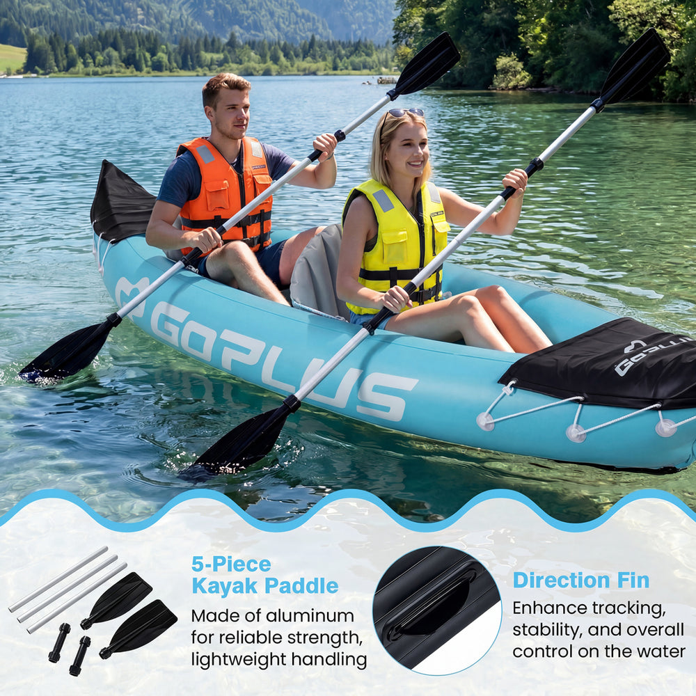 Two people paddling the blue inflatable kayak, featuring heavy-duty design and aluminum paddles for tandem touring.