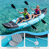 Two-person inflatable kayak in blue with comfortable seats, paddles, and grab lines, ideal for tandem touring.