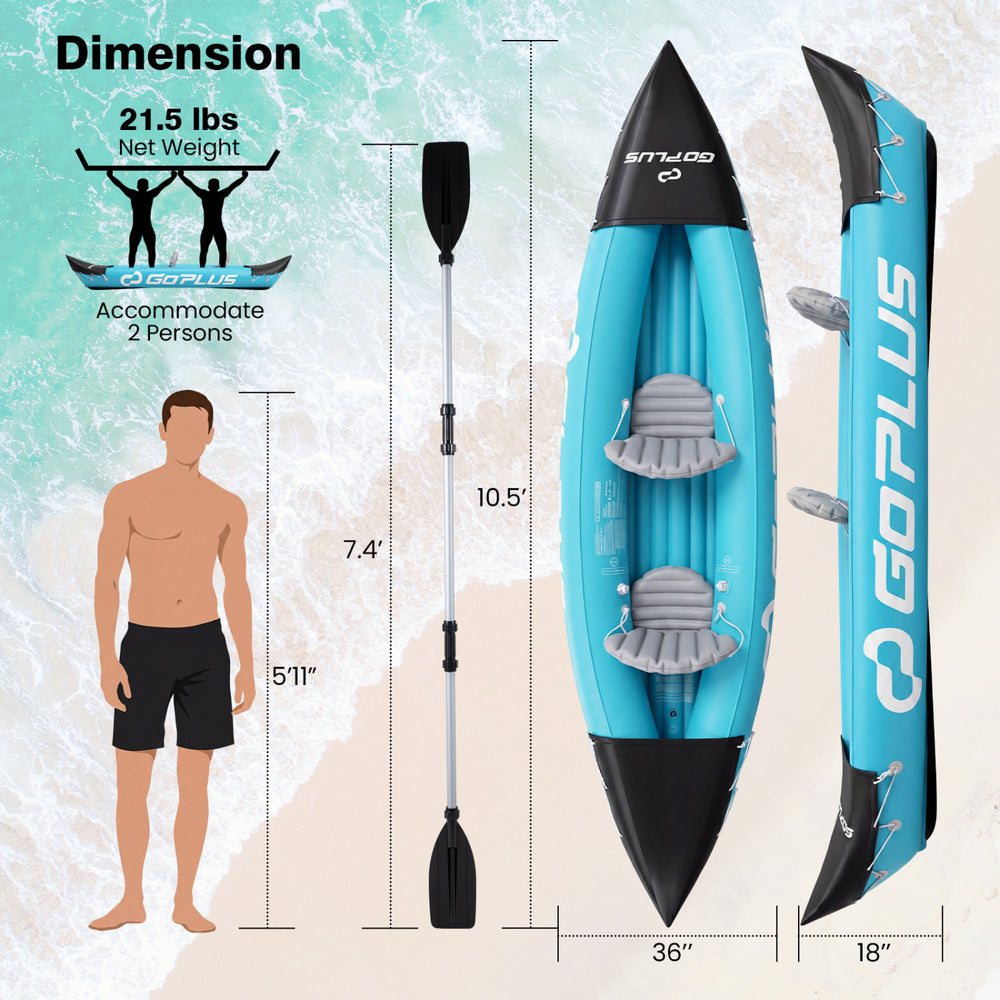 Inflatable tandem kayak in blue, 10.5' long, accommodates 2 persons, includes aluminum paddles for touring.
