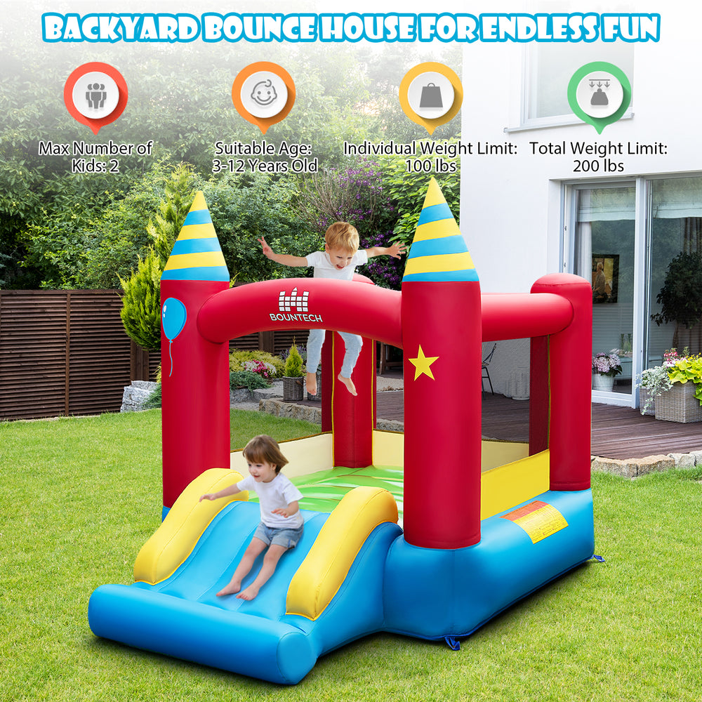 Inflatable kids bounce castle with slide, made of 420D oxford cloth, suitable for outdoor fun and safe play.