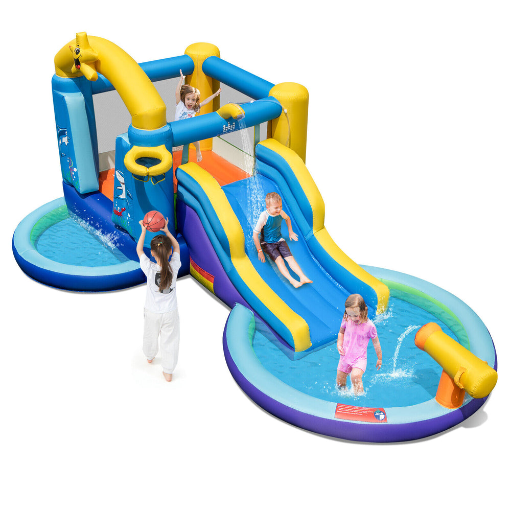 Ocean-themed inflatable bounce house with slide, pools, and basketball hoop for outdoor fun and water play.