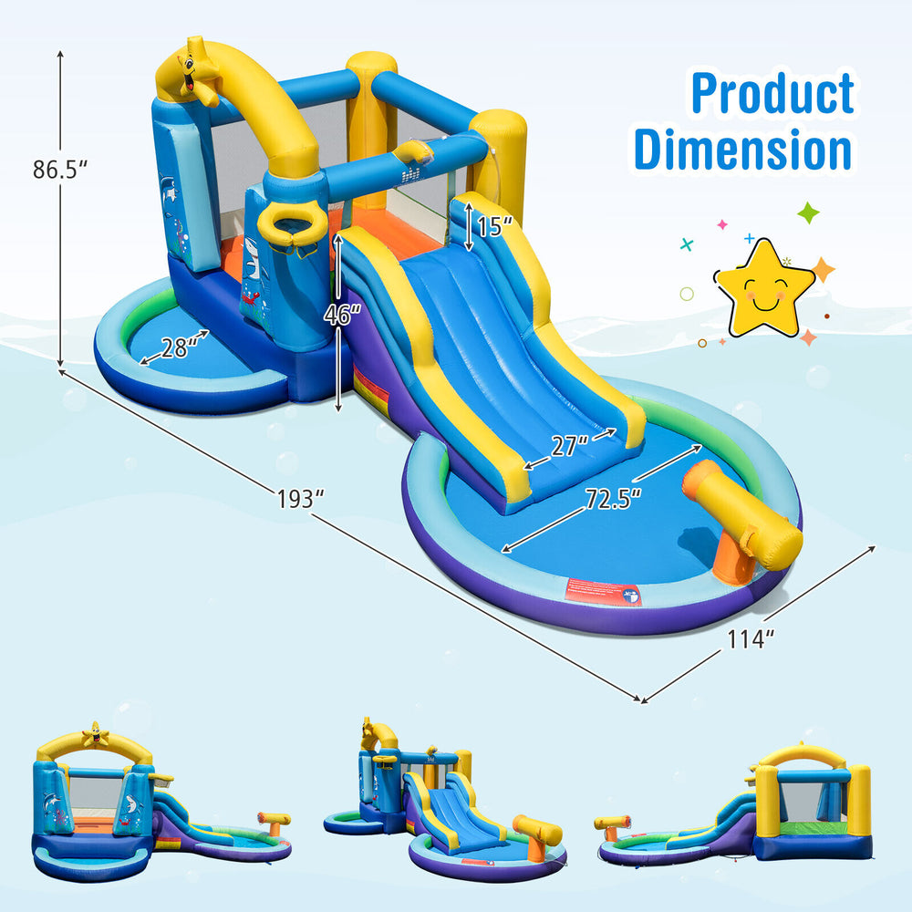 Inflatable ocean-themed bounce house with slide, two pools, and basketball hoop, ideal for outdoor fun and play.