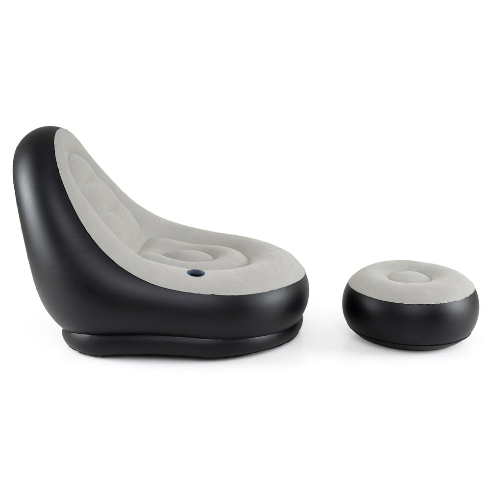 Inflatable lounge sofa with ottoman in grey, featuring a flocked PVC surface, built-in cup holder, and lightweight.