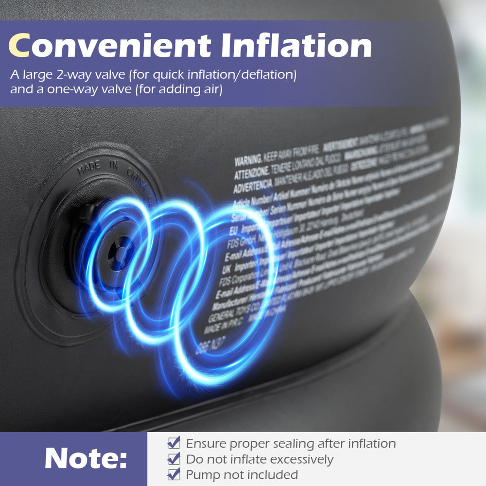 Convenient inflation valve detail of the grey inflatable loveseat couch for quick air addition and deflation.
