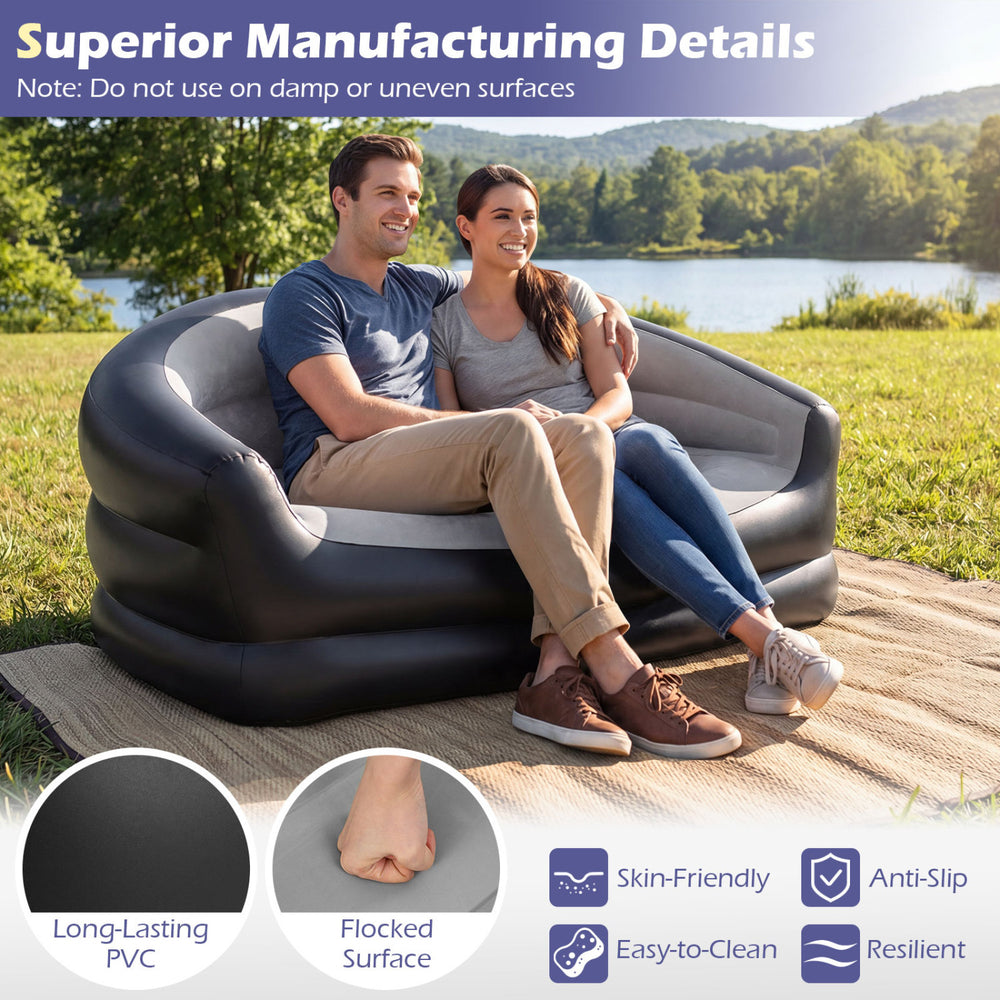 Portable inflatable loveseat couch in grey with flocked surface, ideal for outdoor relaxation by the water.