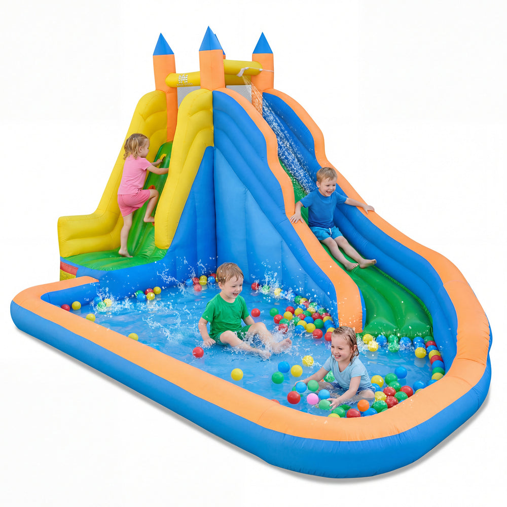 Inflatable Mighty Bounce House with water slide, featuring colorful balls and kids playing in the water.