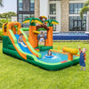 Monkey-themed inflatable bounce house with slide, featuring a splash pool and water hose for outdoor fun.
