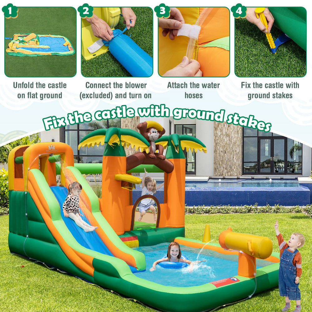 Monkey-themed inflatable bounce house with slide, featuring a fun surfing slide and vibrant colors for backyard.