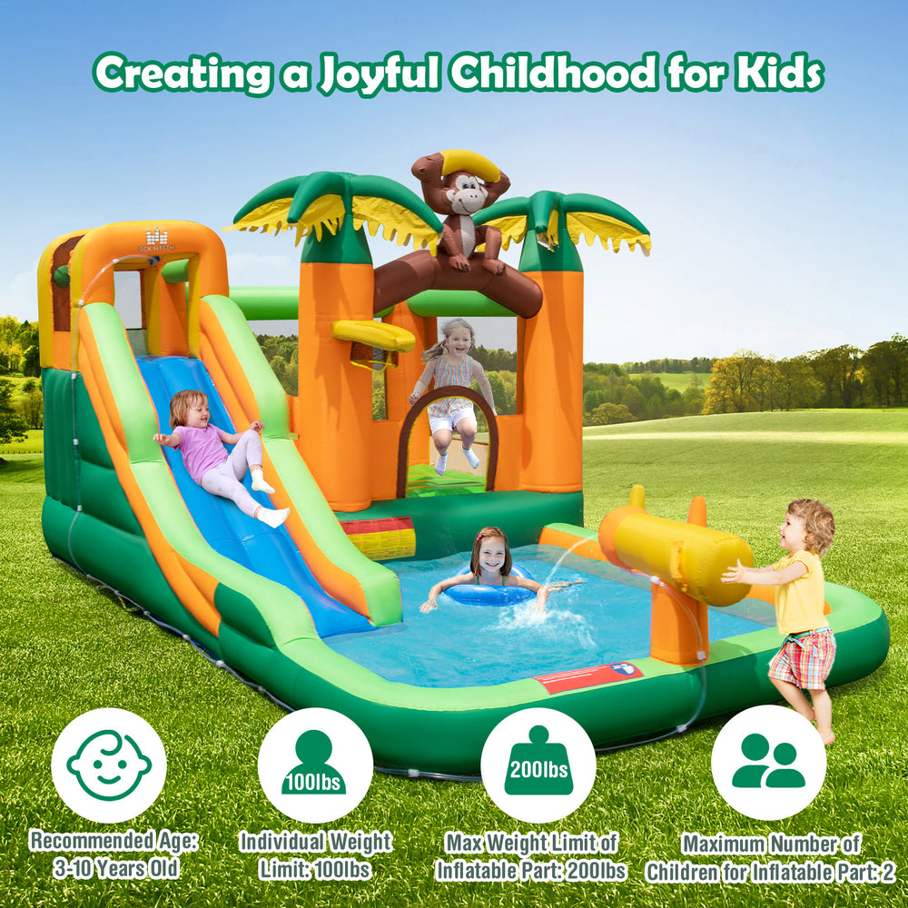 Monkey-themed inflatable bounce house with slide, showcasing protective mesh walls and vibrant colors for safe outdoor.