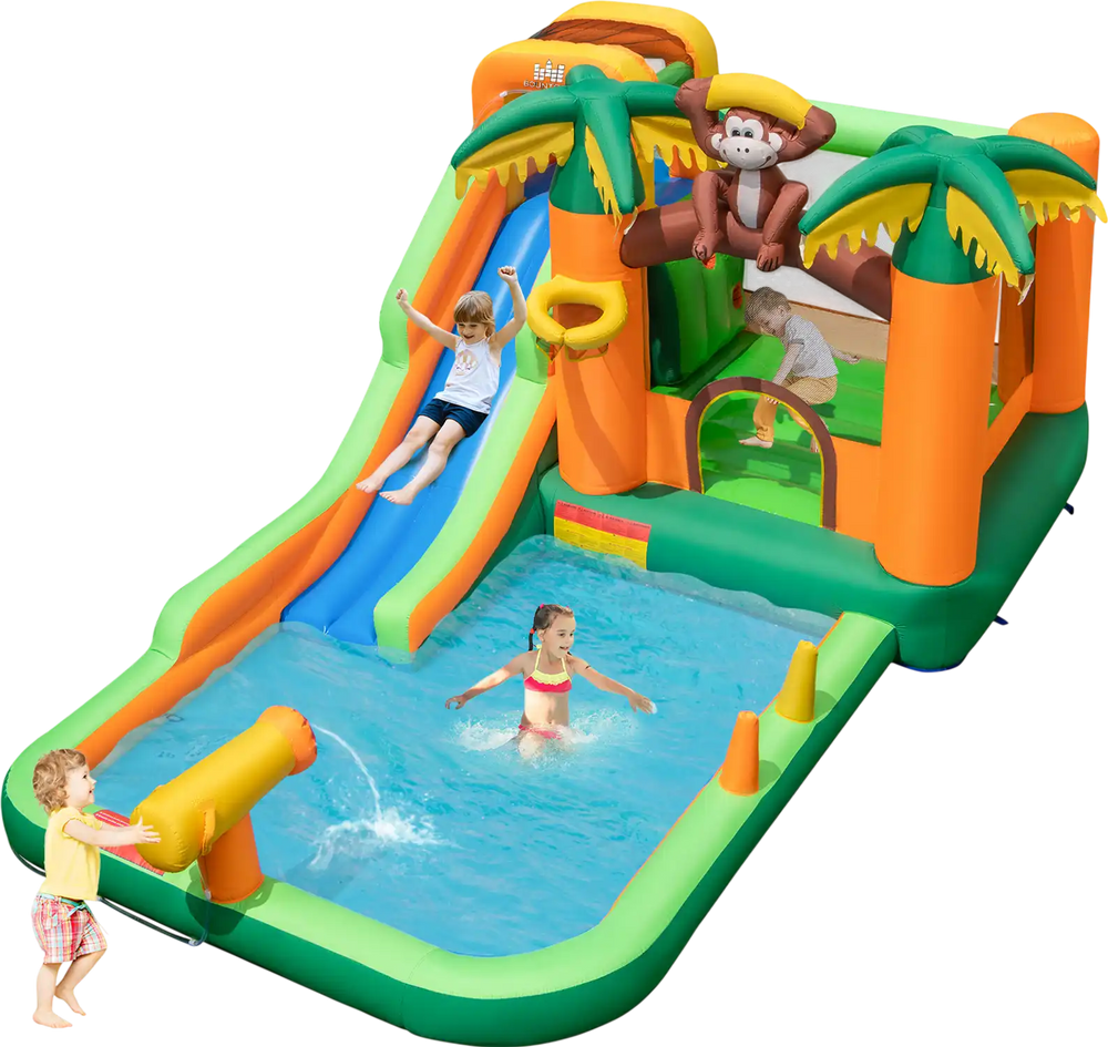 Monkey-Themed Inflatable Bounce House with Slide without Blower