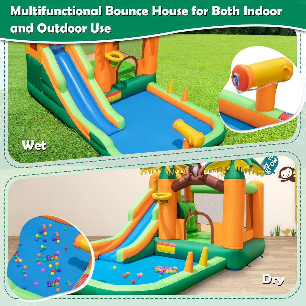 Monkey-themed inflatable bounce house with slide, suitable for wet and dry play, perfect for indoor and outdoor fun.