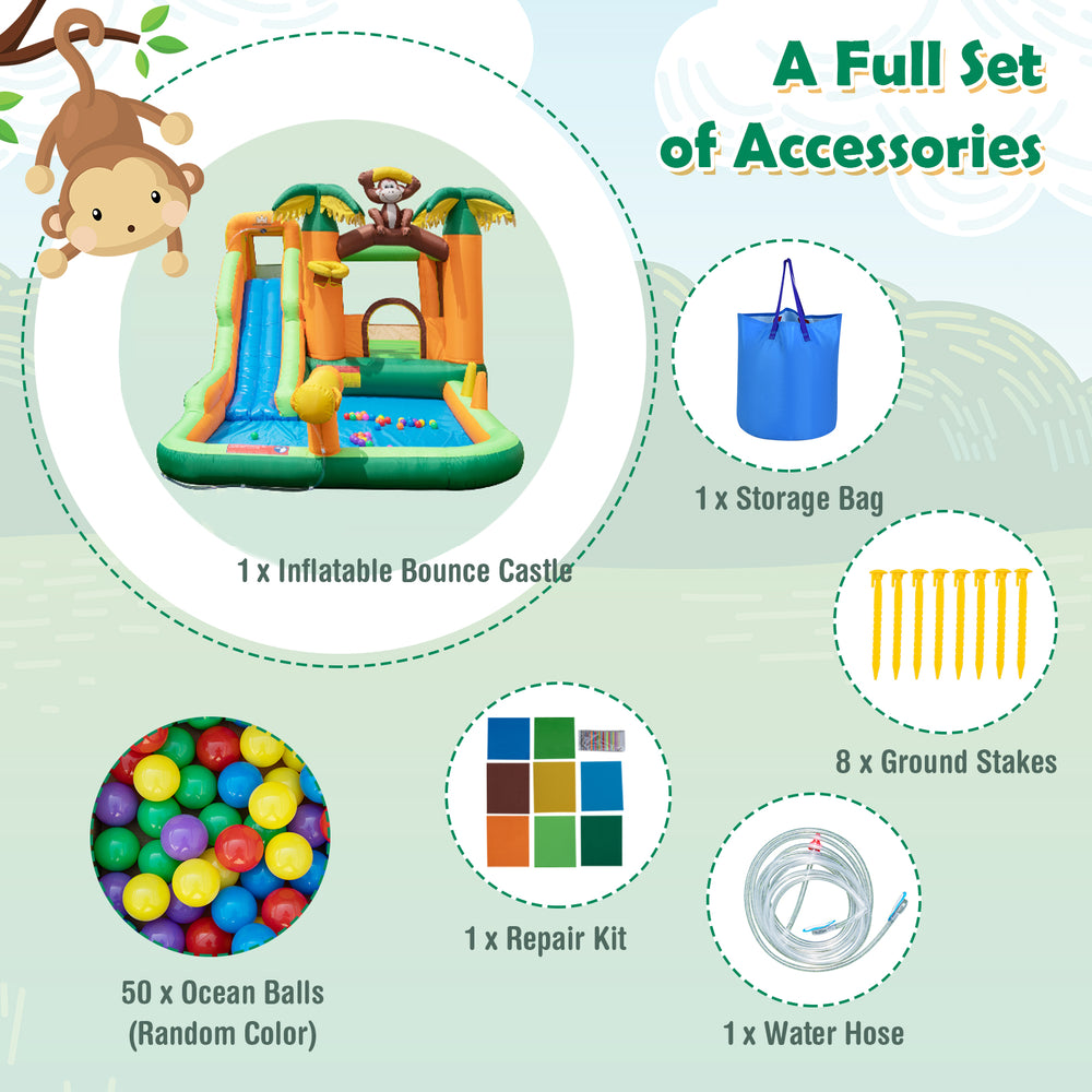 Monkey-themed inflatable bounce house with slide, includes 50 ocean balls, water hose, and 8 ground stakes for outdoor.