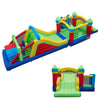 Inflatable obstacle course bounce house featuring dual slides, tunnels, and climbing wall for backyard fun.