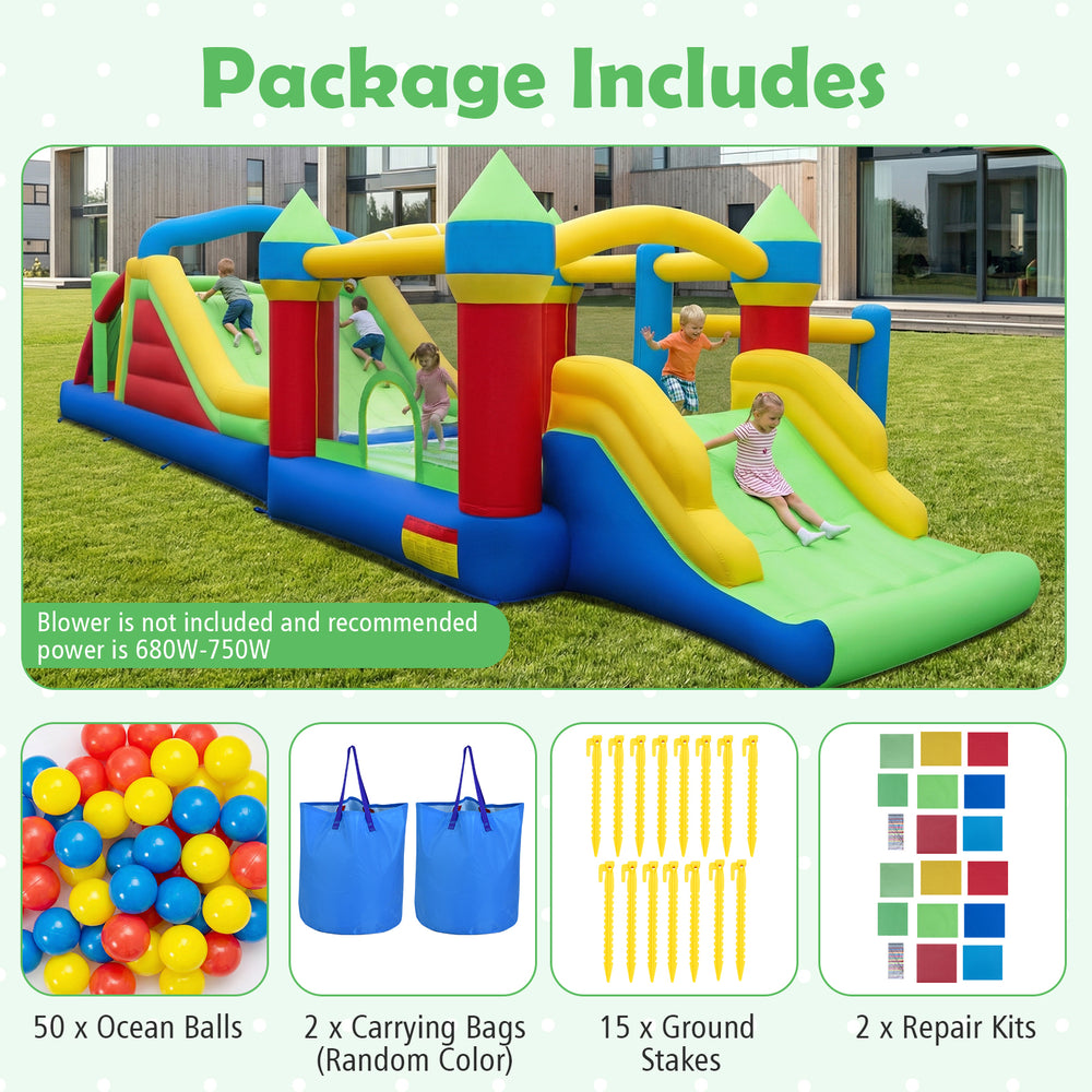 Inflatable obstacle course bounce house with dual slides, tunnels, and 50 ocean balls for backyard fun and.