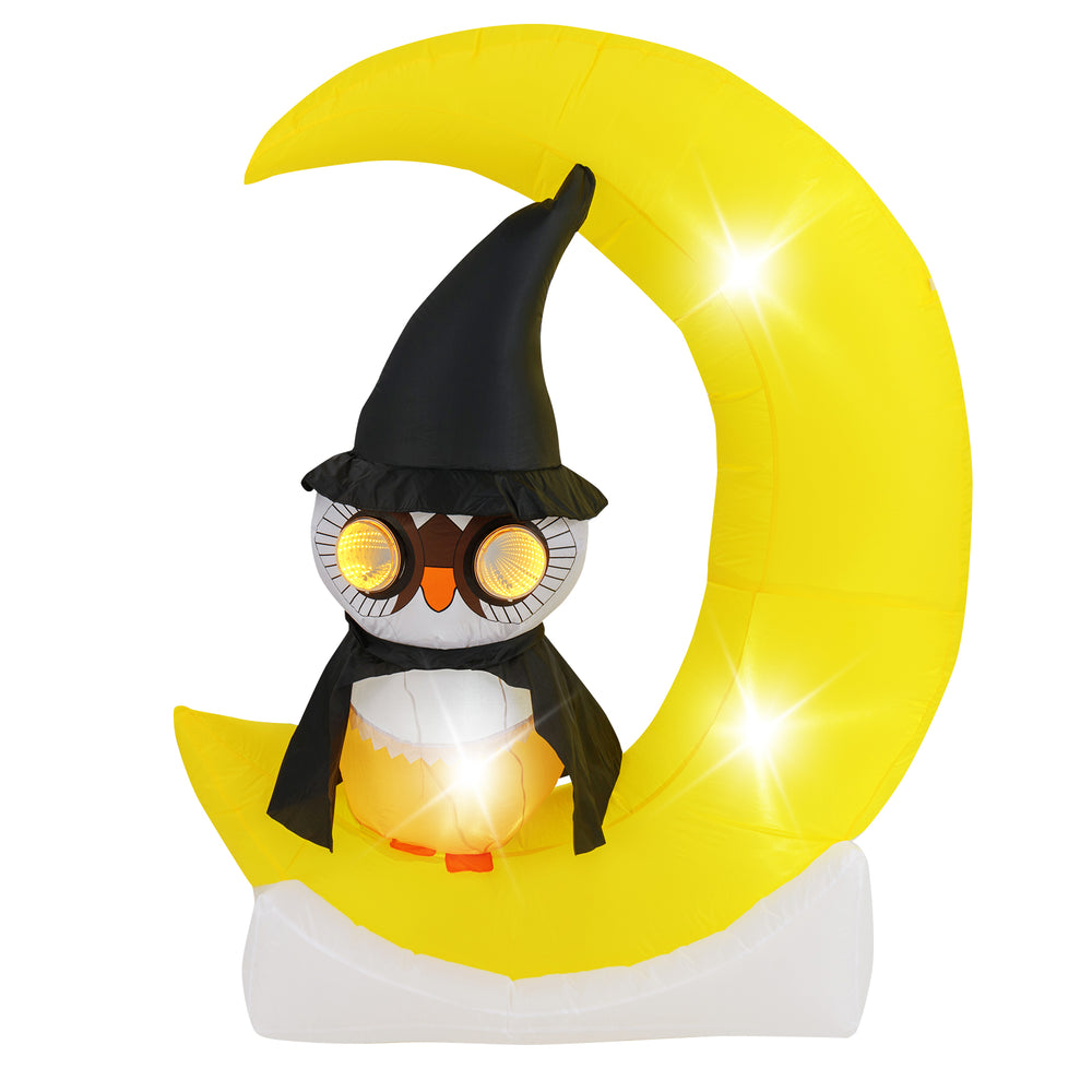 Adorable inflatable owl on a crescent moon with LED lights, perfect for Halloween decoration and festive atmosphere.