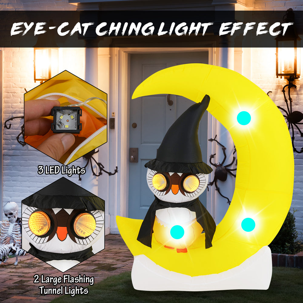 Inflatable owl on a crescent moon with 3 LED lights, perfect for Halloween decoration and festive atmosphere.