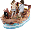 Inflatable pirate ship playhouse in brown with built-in motor, toy sword, and detailed pirate island map for kids' fun.