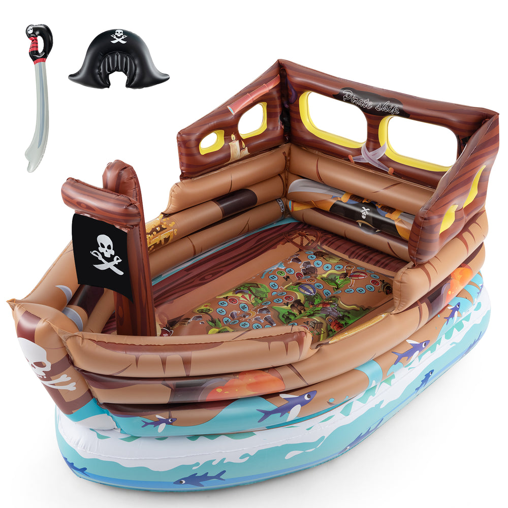 Inflatable pirate ship playhouse in brown with built-in motor, toy sword, and pirate hat for creative indoor play.