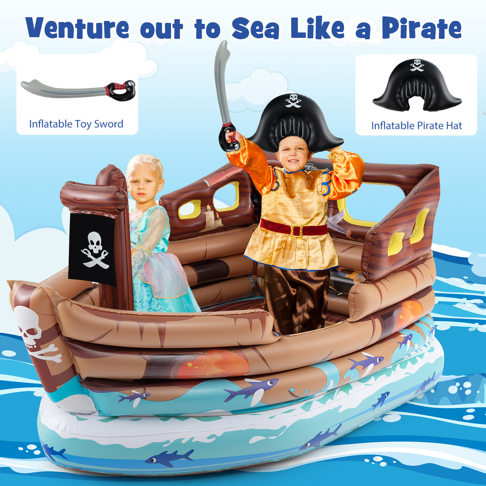 Inflatable pirate ship playhouse with built-in motor, toy sword, and pirate hat for creative playtime fun.