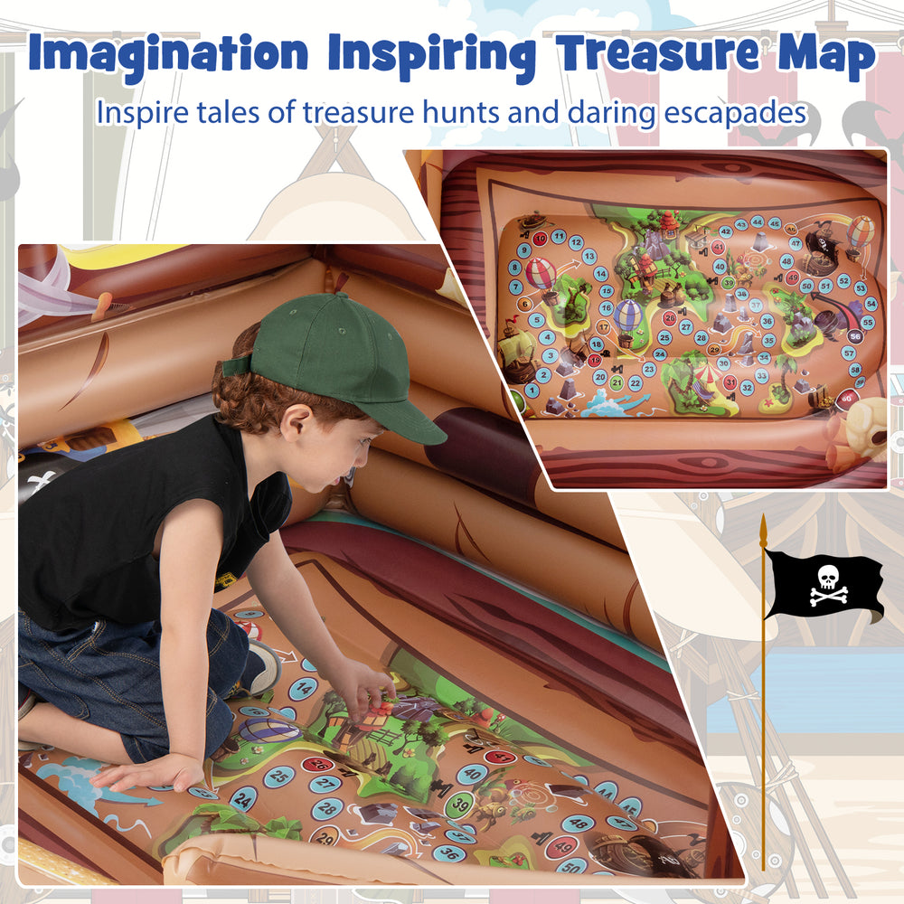Inflatable pirate ship playhouse with detailed treasure map, inflatable sword, and hat for imaginative playtime.