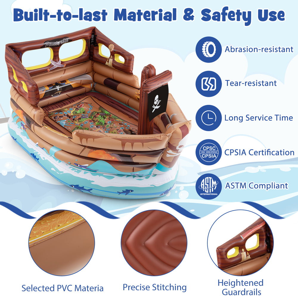 Inflatable pirate ship playhouse in brown with built-in motor, toy sword, and detailed pirate map for creative play.