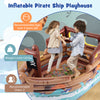 Inflatable Pirate Ship Playhouse for kids, featuring a built-in motor, toy sword, and pirate hat for imaginative play.