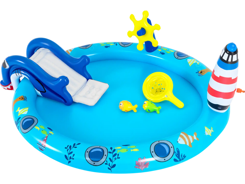 Inflatable Play Center Marine Life Spray Pool with Shark-shaped Slide Lighthouse Sprinkle
