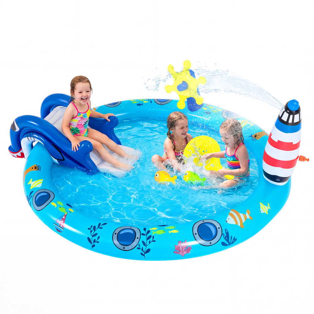 Inflatable Marine Life Spray Pool with shark slide, lighthouse sprayer, and interactive play for 2-3 kids aged 2-6.