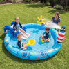 Inflatable Marine Life Spray Pool with a large splash area, shark slide, and interactive fishing game for kids'.