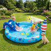 Inflatable Marine Life Spray Pool with shark slide, lighthouse sprayer, and interactive play for kids aged 2-6.