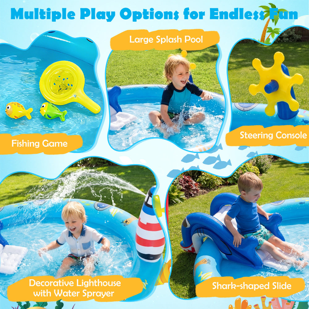 Inflatable Marine Life Spray Pool featuring a shark-shaped slide, steering console, and decorative lighthouse for kids'.