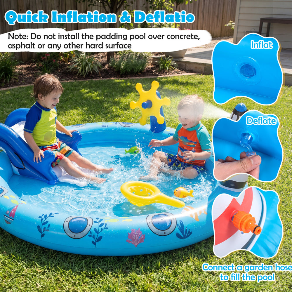 Inflatable Marine Life Spray Pool with shark slide, splash area, and interactive features for kids' summer fun.