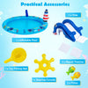 Inflatable play center with shark-shaped slide, marine life design, and interactive accessories for kids' water fun.