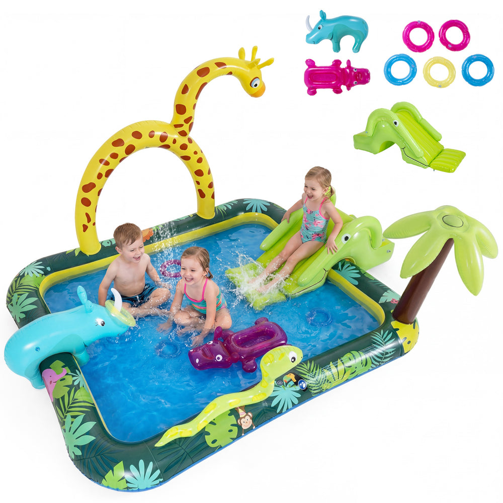 Inflatable Jungle Animal Spray Pool with giraffe sprinkler, slide, and accessories for kids' outdoor fun.